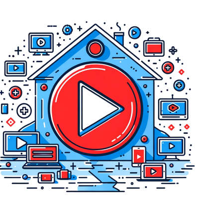 DALL·E 2023-10-27 08.59.39 - Illustration in line art style where the primary focus is a large play button with a bold red circle around it, dominating the center. In the backgrou